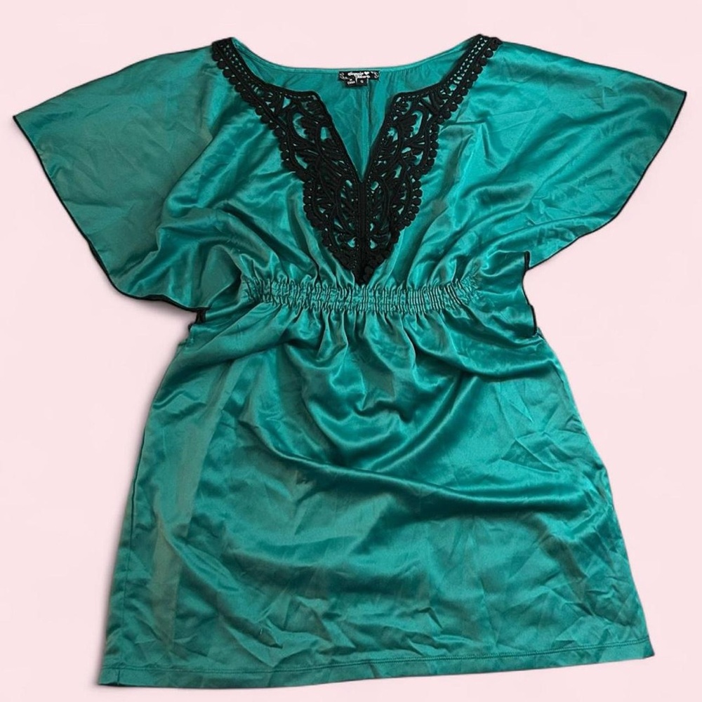 Teal Satin Dress with Black Lace Trim